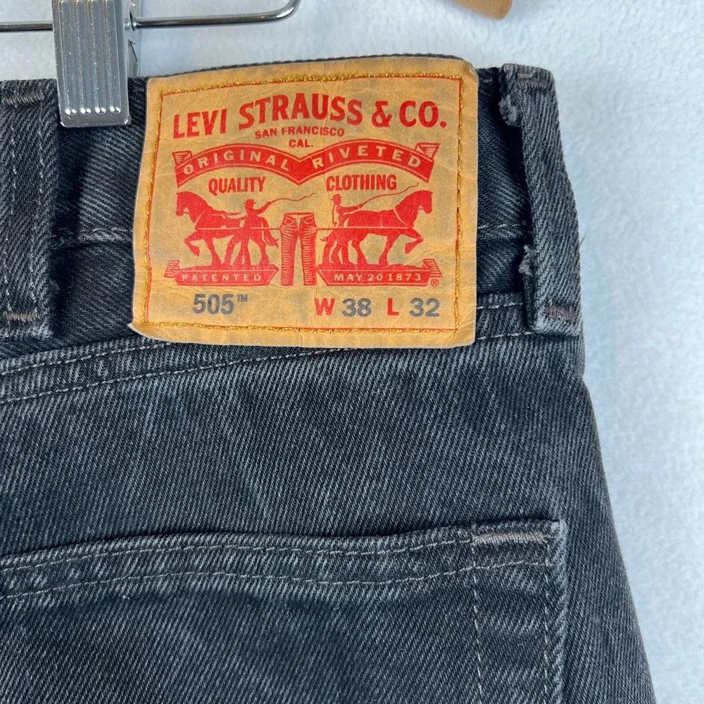 Levis 505 Jeans Mens 38x32 Regular Fit Black Denim Pants Classic‎ Casual